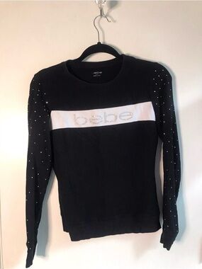 bebe Black Swarovski Crystal logo Pullover Sweater with Embellished Sleeves